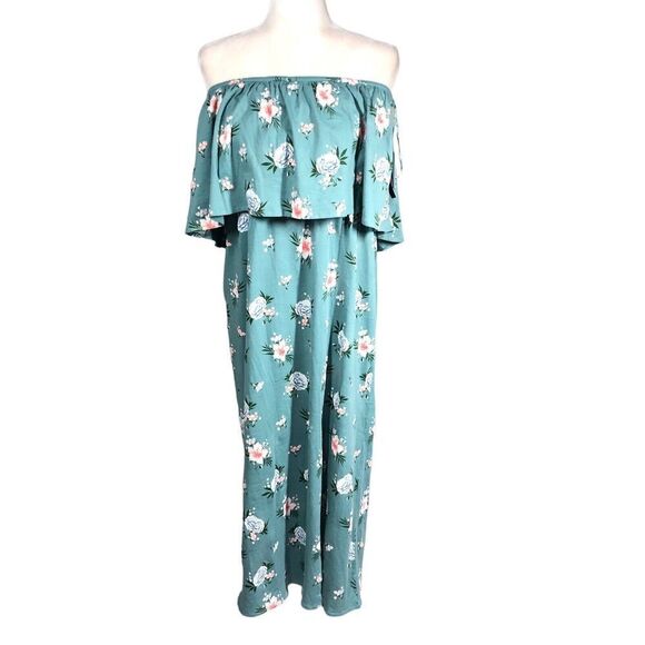 O'Neill Dress Womens 2X Green Floral Ruffle Kole Strapless Off Shoulder Maxi - Picture 2 of 13